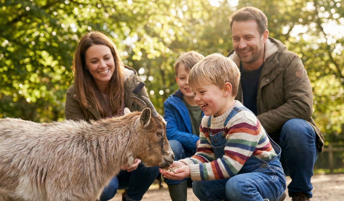 Familie füttert Ziege