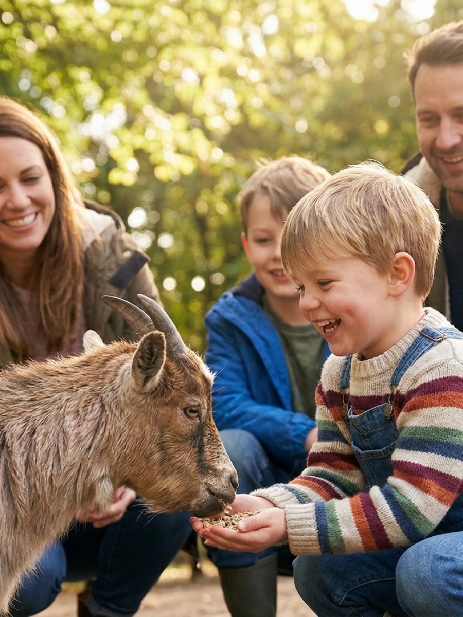 Familie streichelt und füttert Ziege