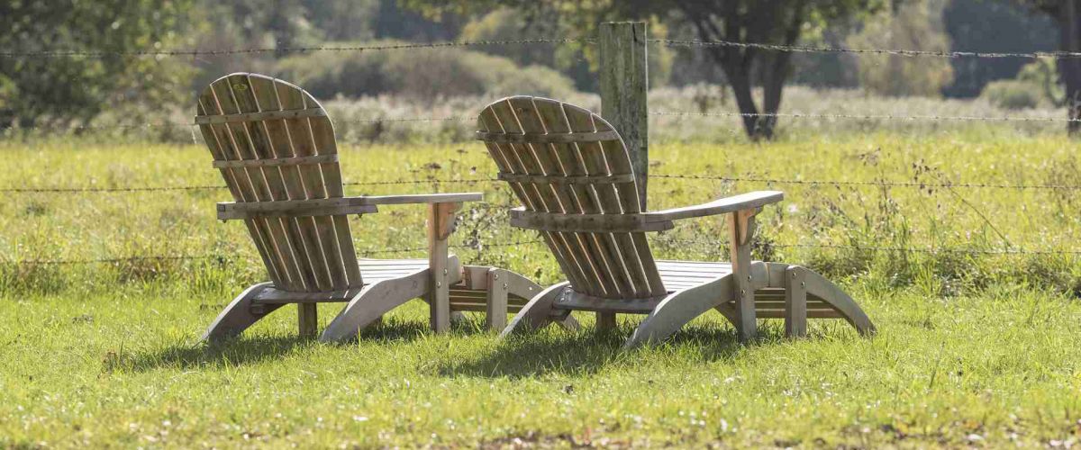 2 Holzliegestühle auf Wiese